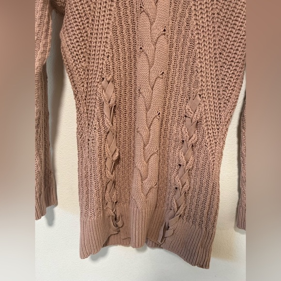 Express Chunky Knit Dusty Rose Pink V Neck Lace Up Style Sweater Size XS - Picture 5 of 13